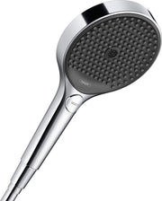 Chrome handheld showerhead with circular face featuring multiple jet holes and a select button on the handle.