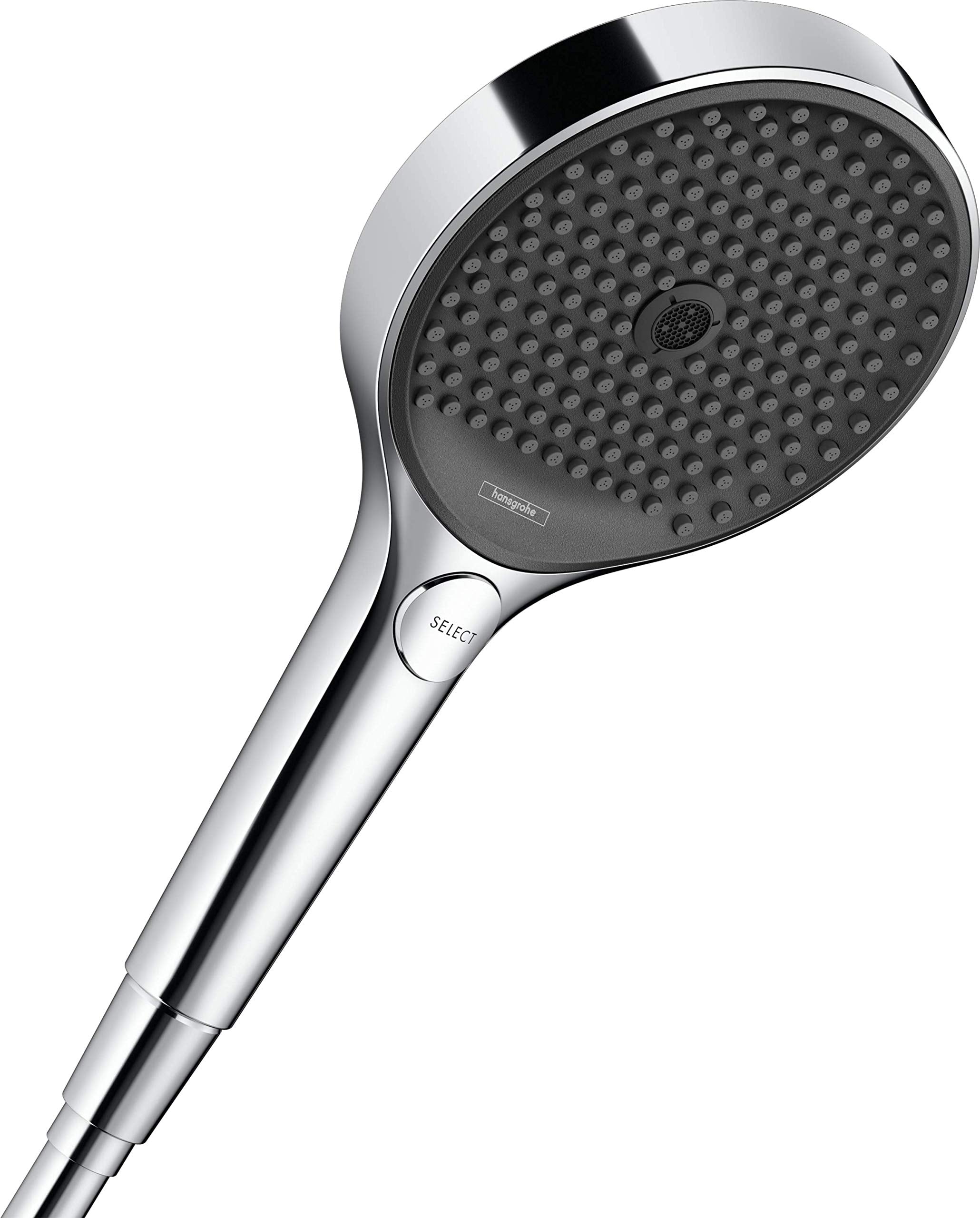 Chrome handheld showerhead with circular face featuring multiple jet holes and a select button on the handle.