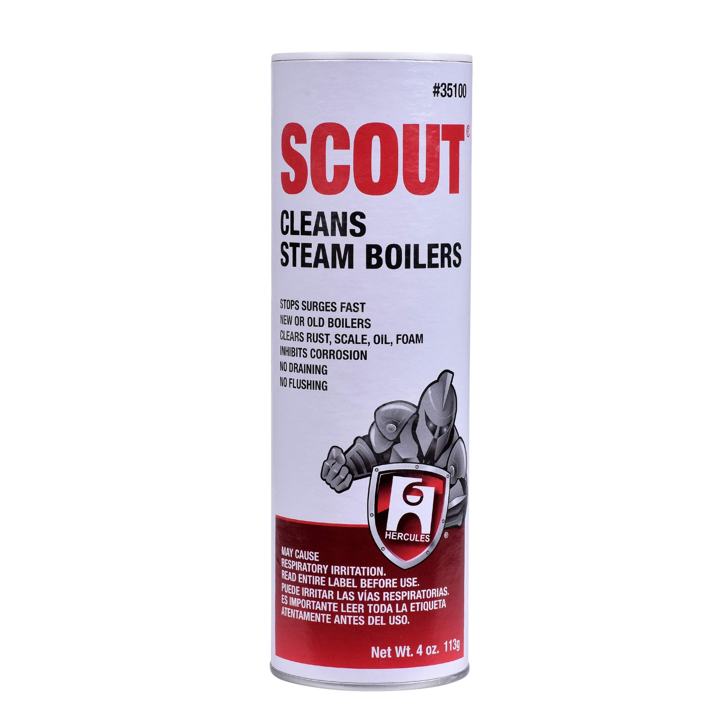 Scout steam boiler cleaner aerosol can, 4 oz, with red and white label and product number #35100.