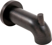 Venetian bronze tub spout with curved tubular outlet and pull-up diverter lever.