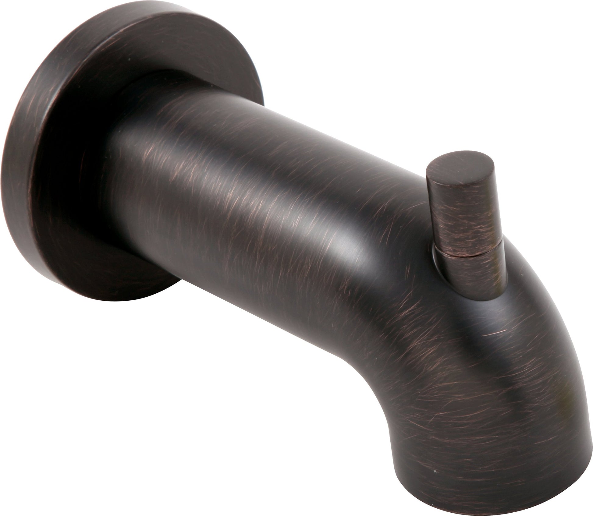 Venetian bronze tub spout with curved tubular outlet and pull-up diverter lever.