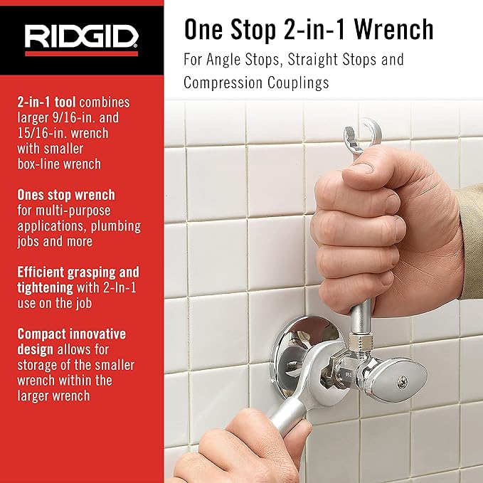 Hand holding RIDGID 2-in-1 wrench against angle stop valve on tiled wall.