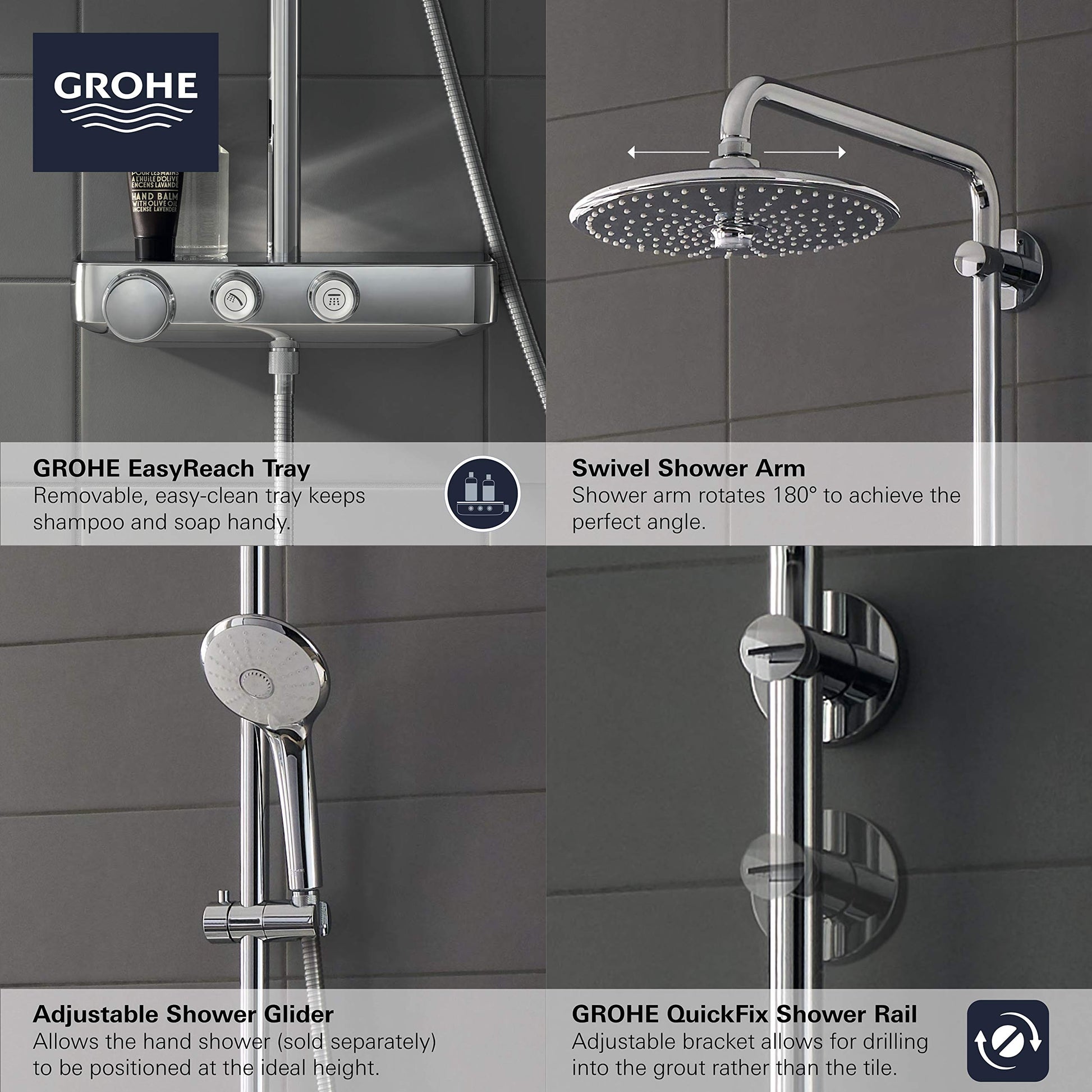 Chrome thermostatic shower system with overhead rainfall showerhead, swivel arm, handheld shower, EasyReach tray, and adjusta