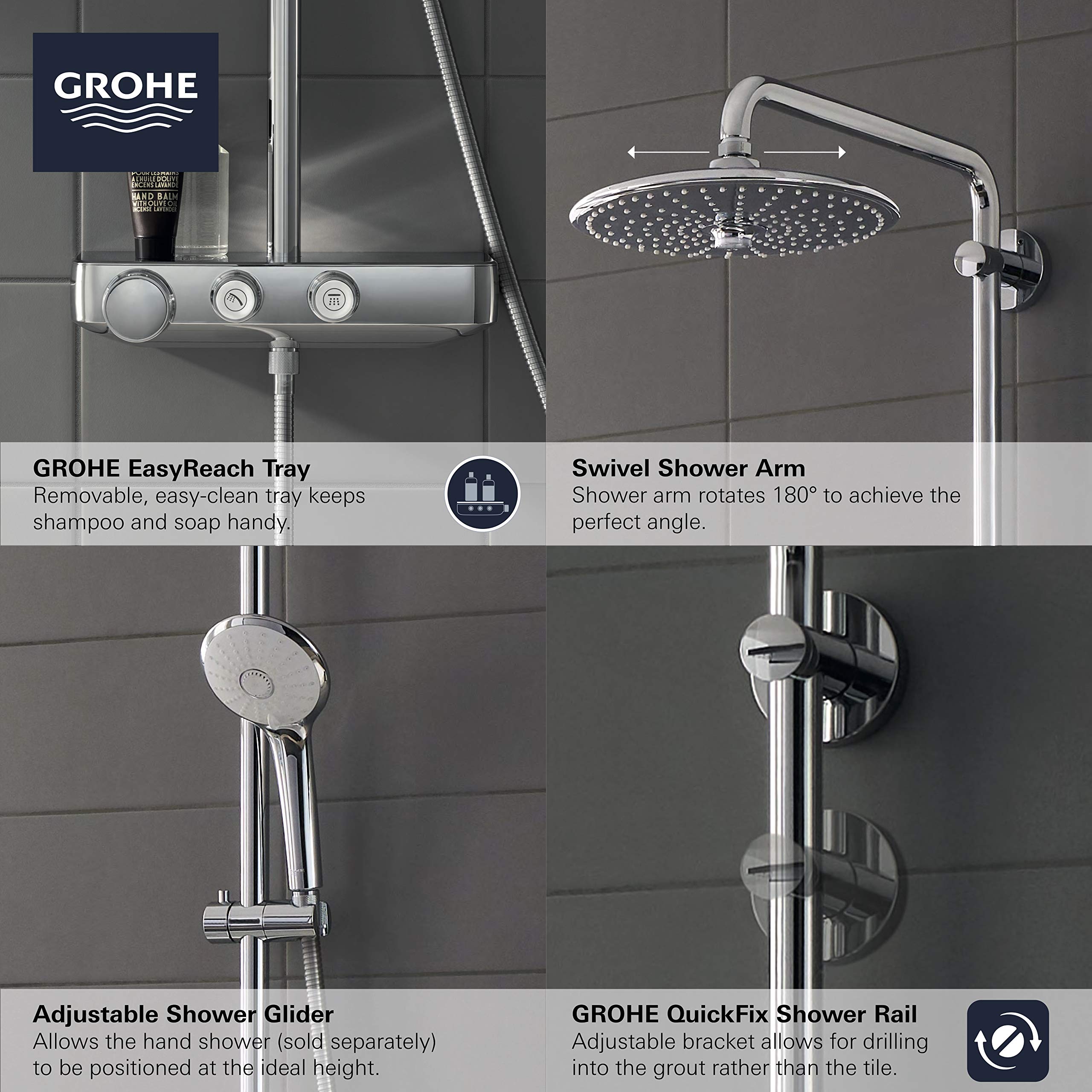Chrome thermostatic shower system with overhead rainfall showerhead, swivel arm, handheld shower, EasyReach tray, and adjusta