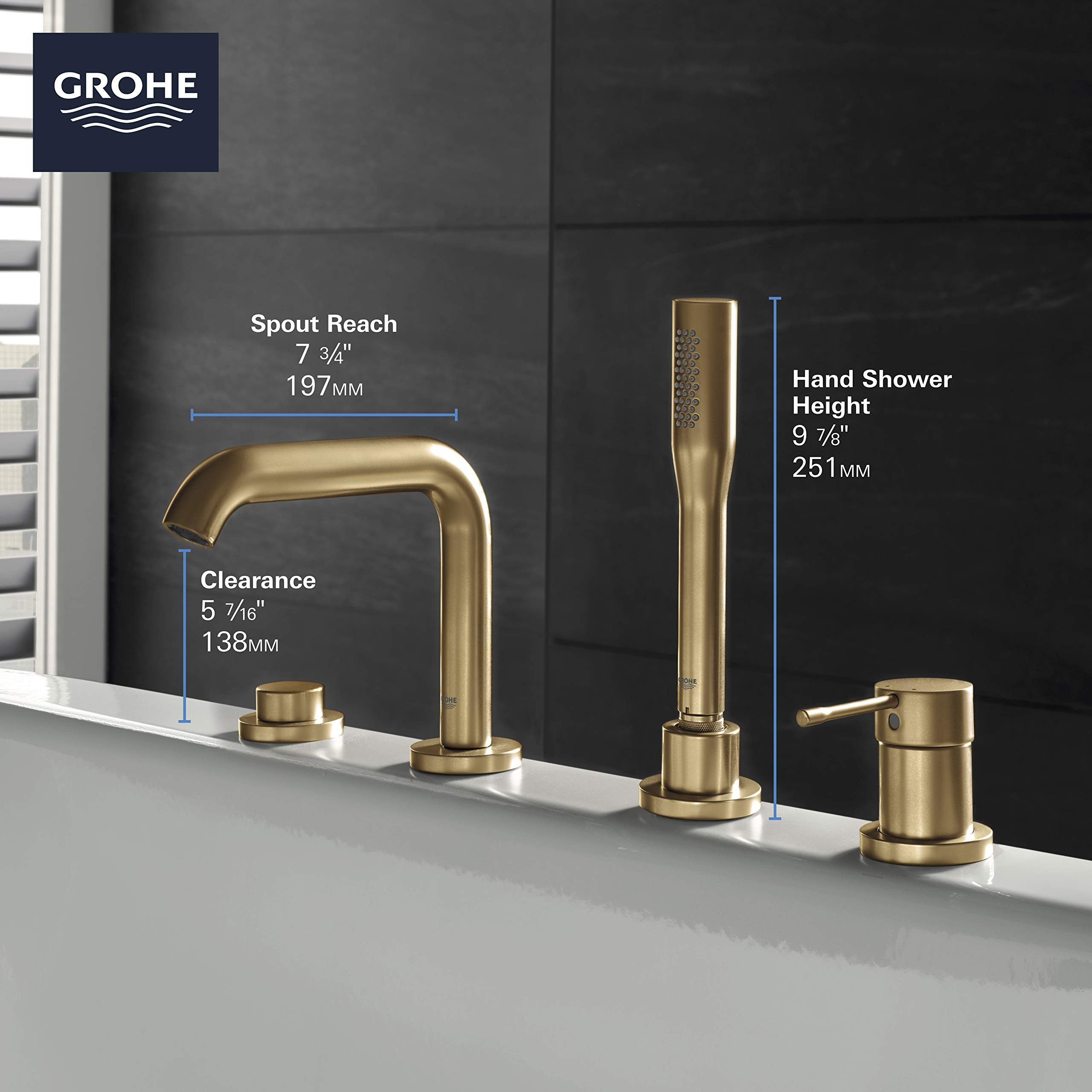 Grohe Essence brushed nickel deck-mount roman tub faucet with curved spout, hand shower, and lever handles.