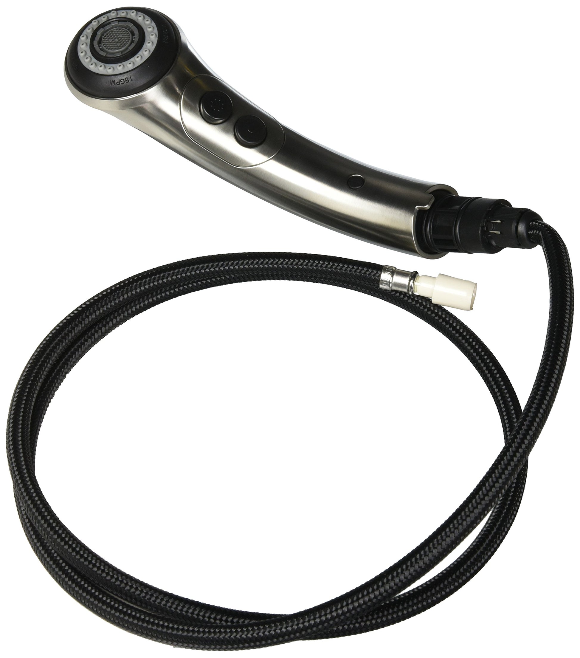 Stainless steel wand assembly with black spray head, control buttons, and braided black hose with connector.