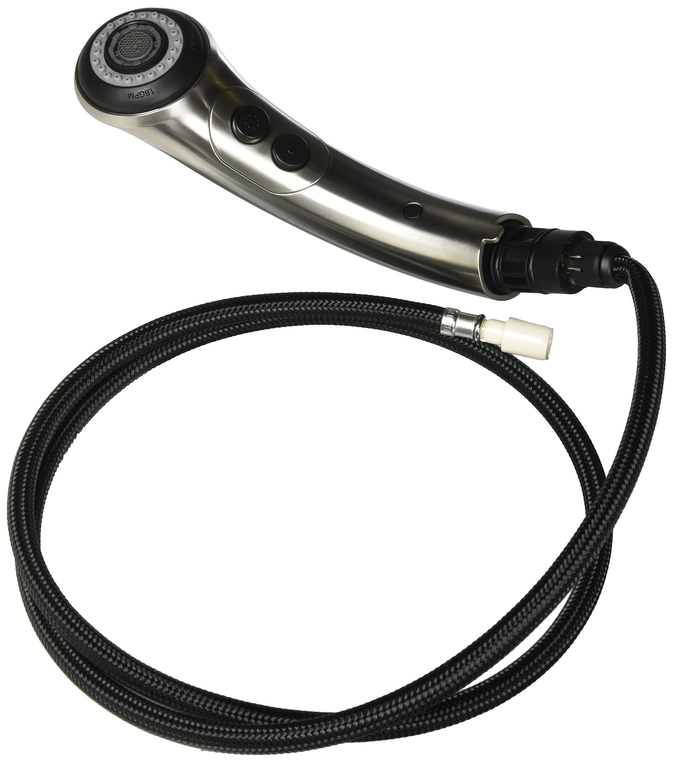 Stainless steel wand assembly with black spray head, control buttons, and braided black hose with connector.