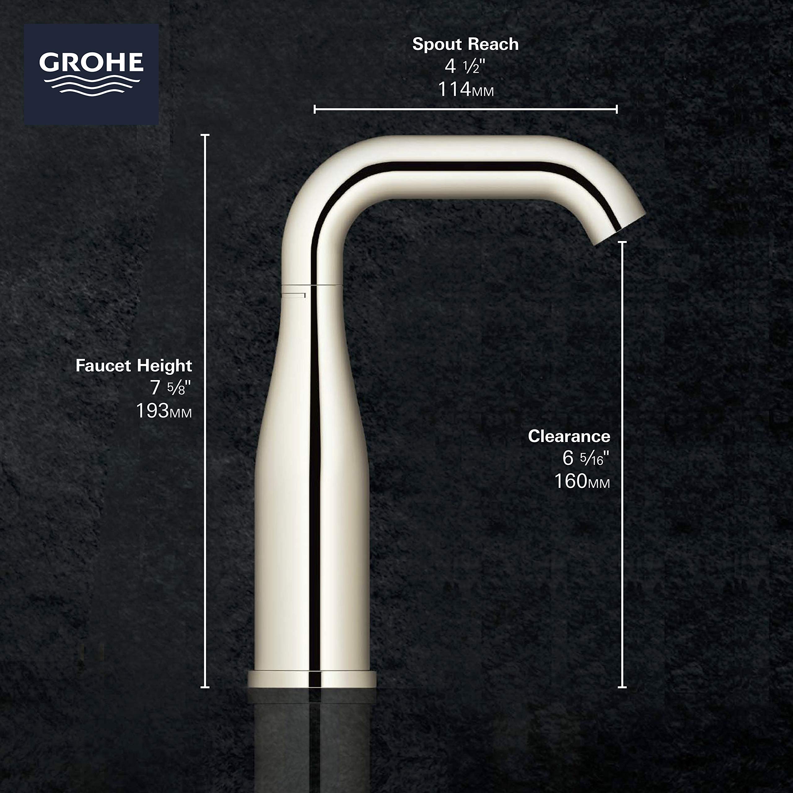Grohe Essence single-handle bathroom faucet with tall curved spout in hard graphite finish, dimensions labeled.