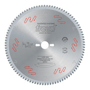 Freud 300mm circular saw blade with fine teeth and red markings for sliding table saws.