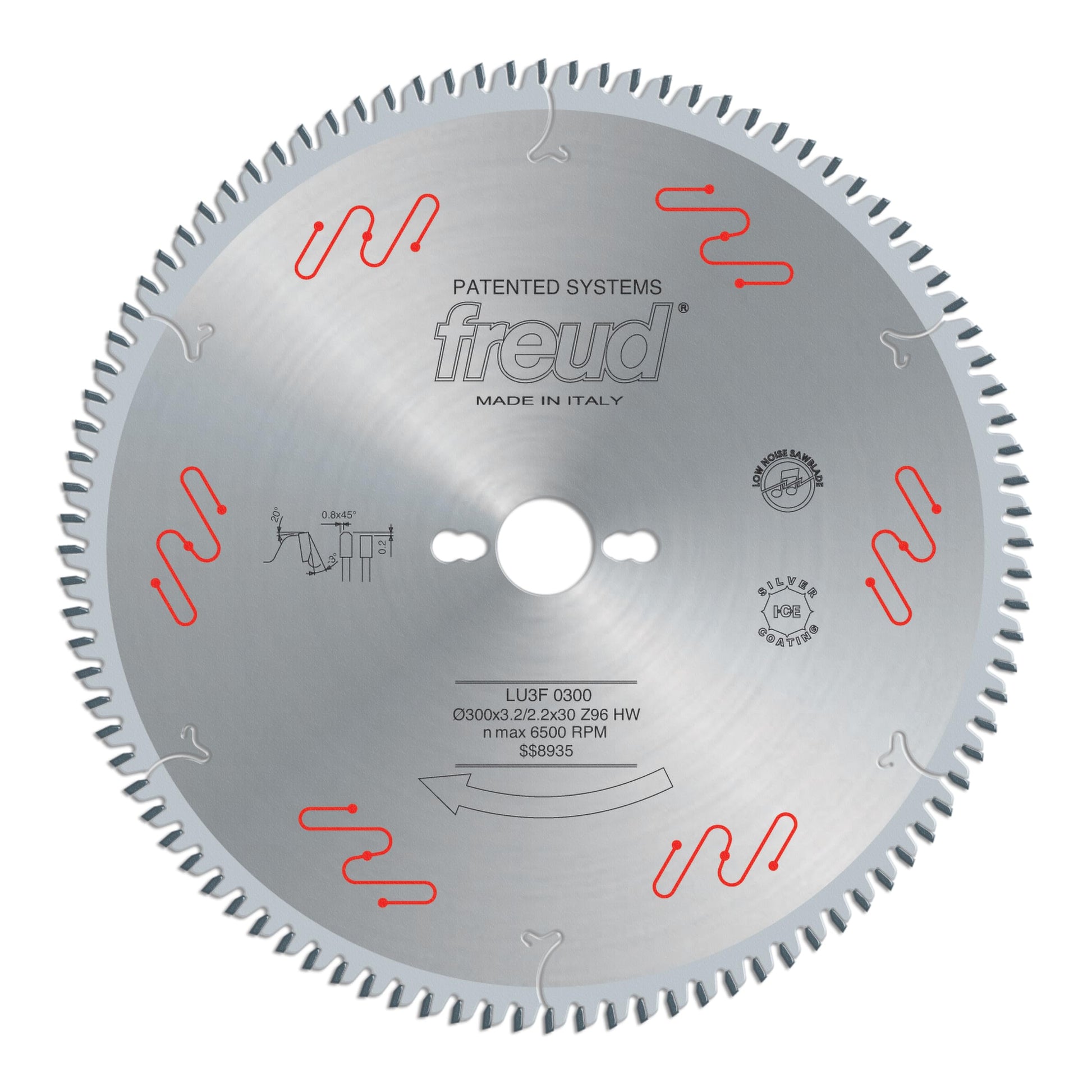 Freud 300mm circular saw blade with fine teeth and red markings for sliding table saws.