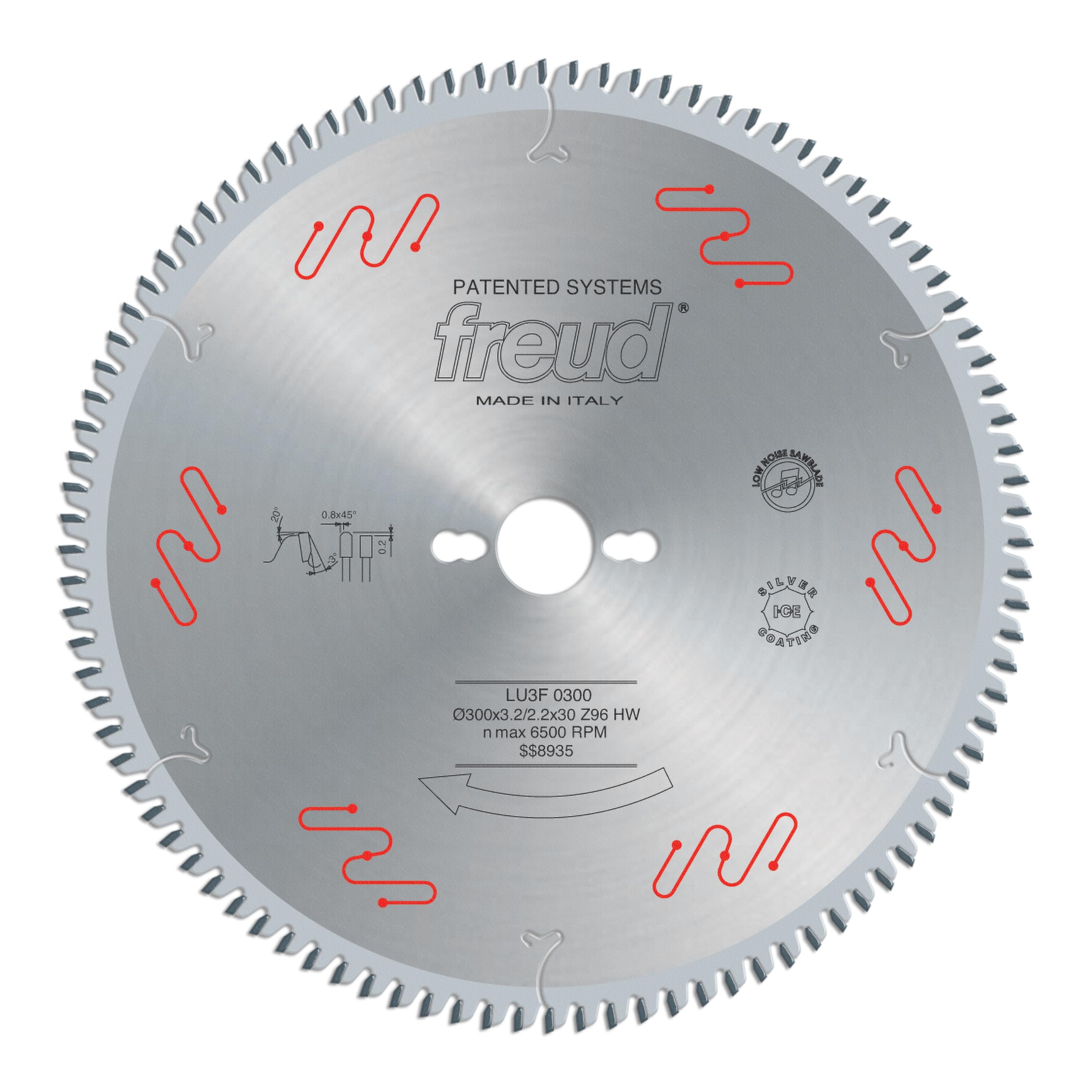 Freud 300mm circular saw blade with fine teeth and red markings for sliding table saws.