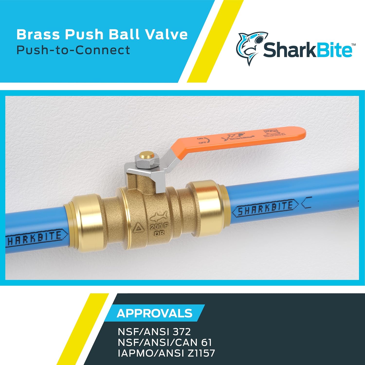 Brass push ball valve with orange handle connected to blue tubing, 1/2" push-to-connect fitting.