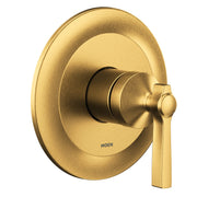 Brushed gold shower trim kit with circular backplate, single lever handle, and central valve control.