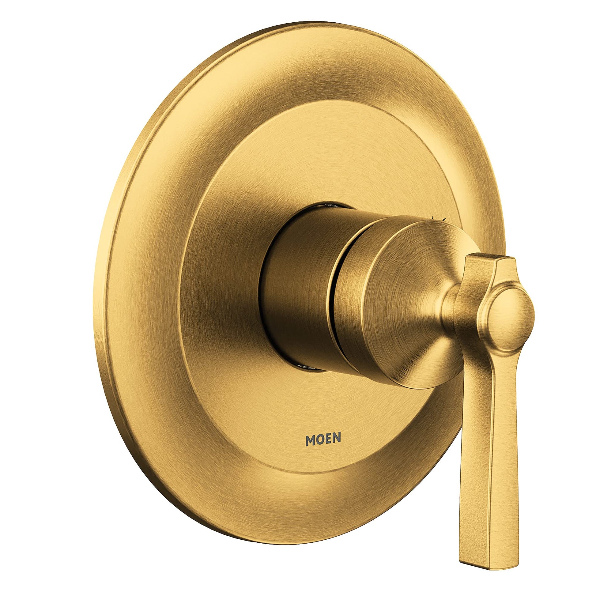 Brushed gold shower trim kit with circular backplate, single lever handle, and central valve control.