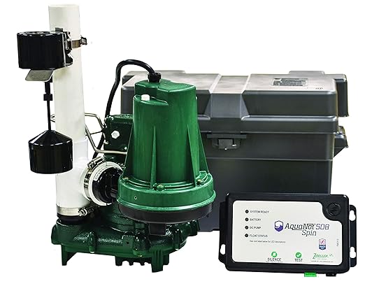 Zoeller 508 sump pump system with green pump, white standpipe, black control panel, and battery backup unit.