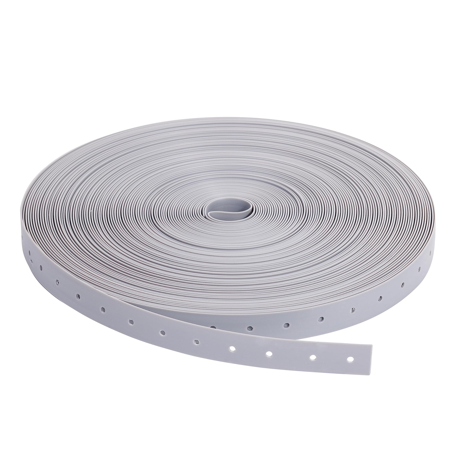 Roll of gray perforated securing strap coiled on white background.
