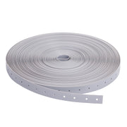 Coiled gray securing strap with evenly spaced holes along its length.