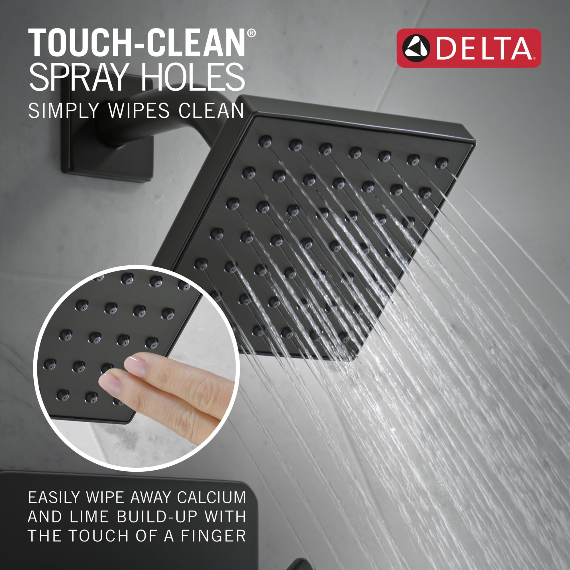 Matte black square shower head with multiple spray holes and wall-mounted bracket, featuring Touch-Clean spray holes.