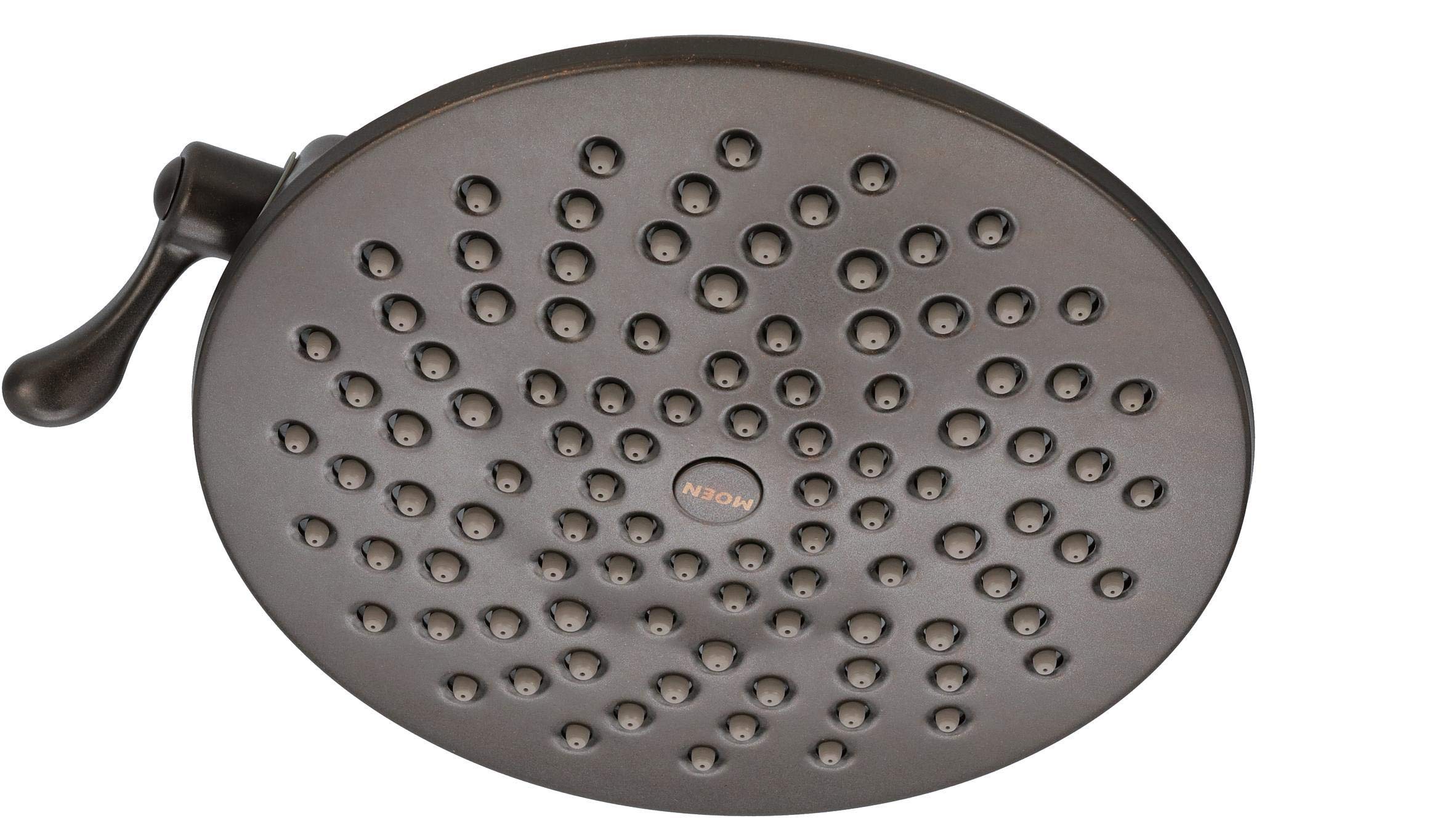 Oil rubbed bronze 8-inch round shower head with multiple spray holes and side lever handle.