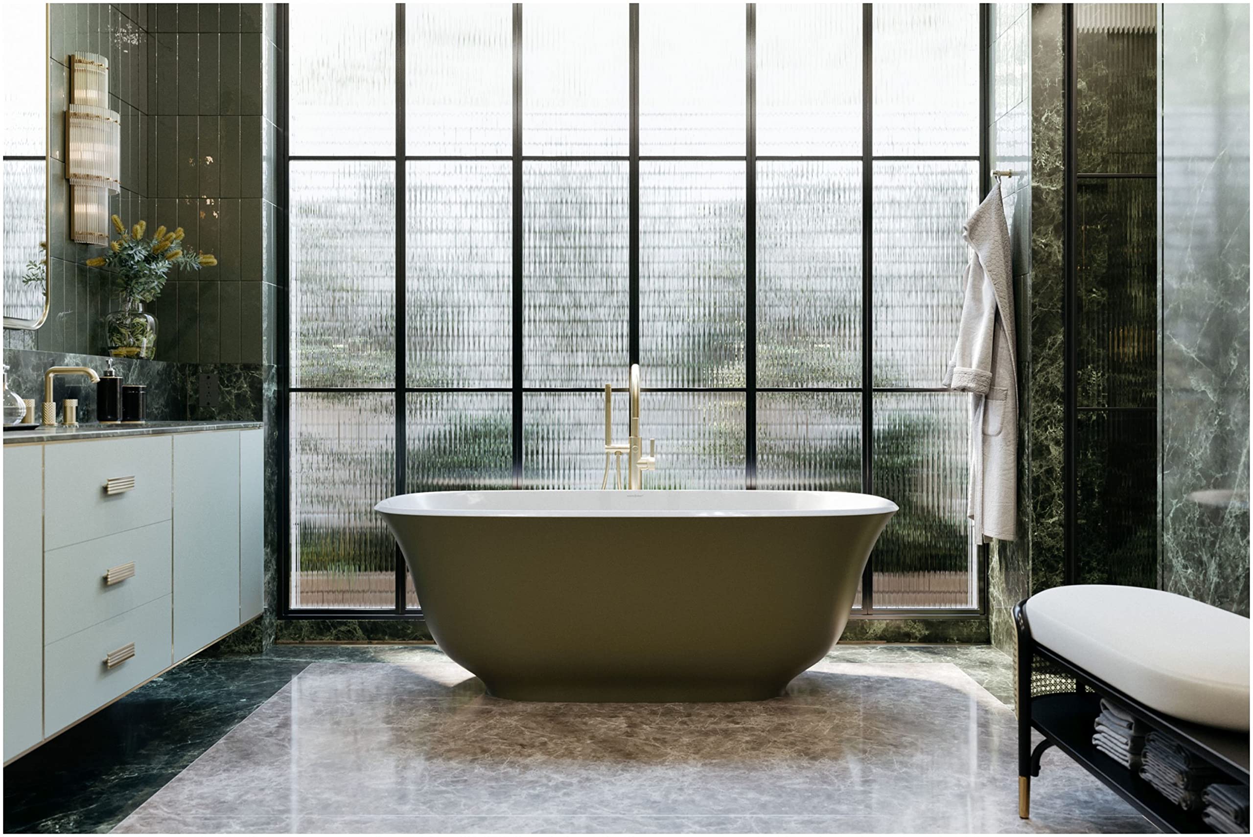 Antique gold robe hook mounted on dark tile wall in modern bathroom with freestanding tub.