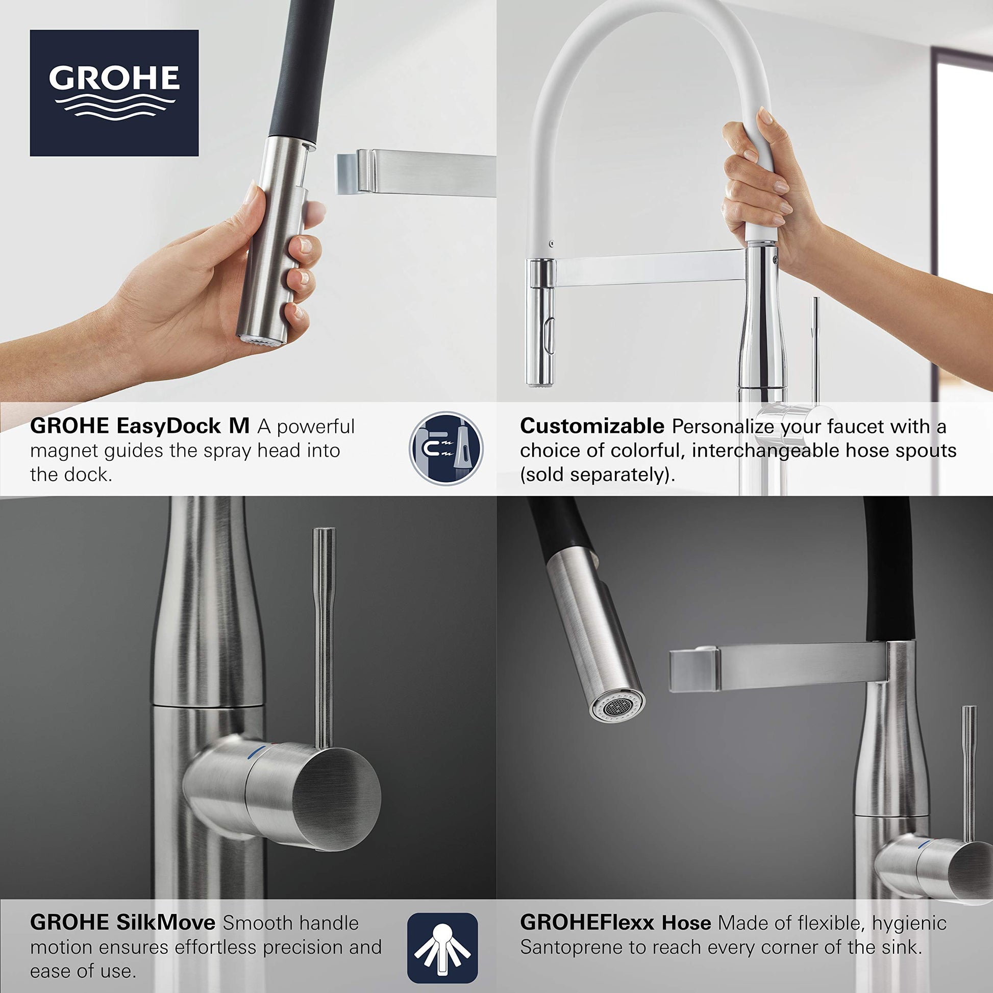 Matte black and stainless steel single-handle kitchen faucet with pull-down spray head and flexible hose.