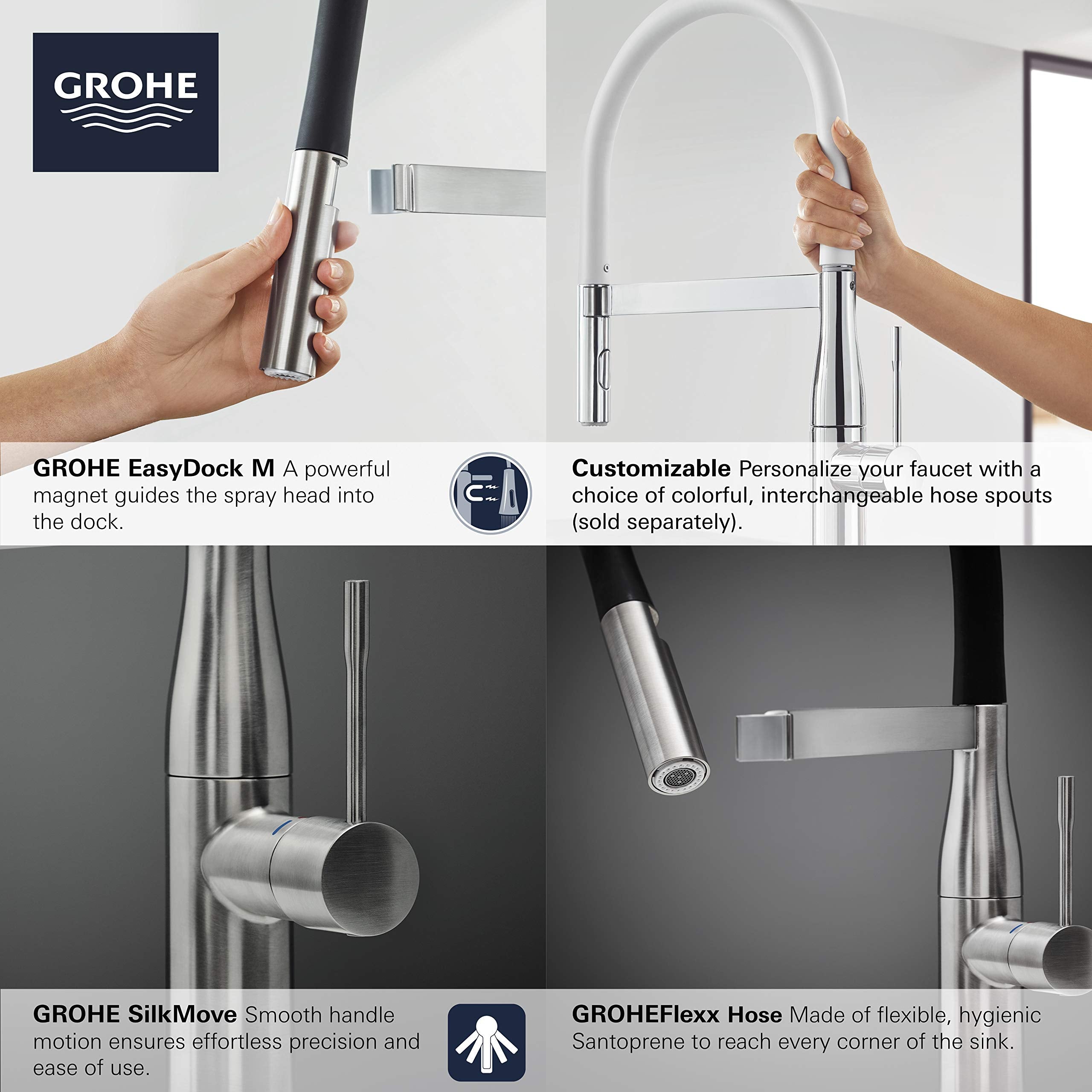 Matte black and stainless steel single-handle kitchen faucet with pull-down spray head and flexible hose.