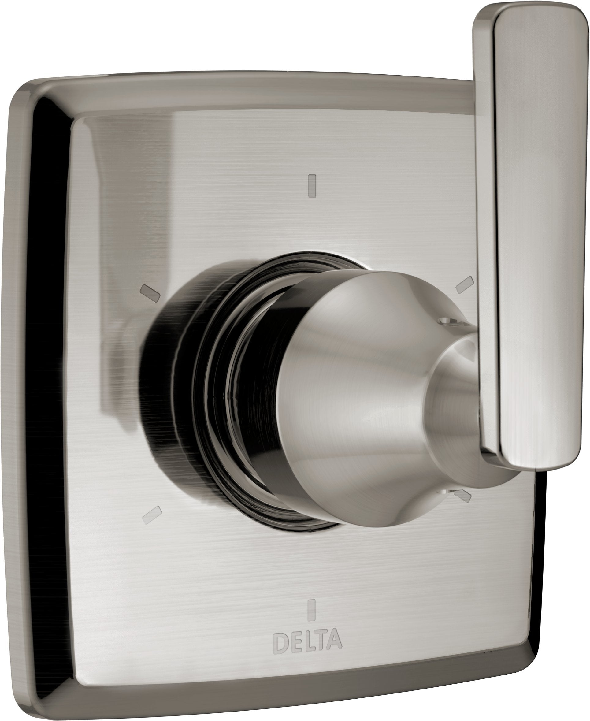 Brushed nickel shower valve trim with single lever diverter control and vertical handle on square escutcheon plate.