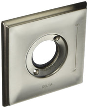 Stainless steel square escutcheon plate with circular opening and "on/off" markings for Delta Dryden 17T series valve.