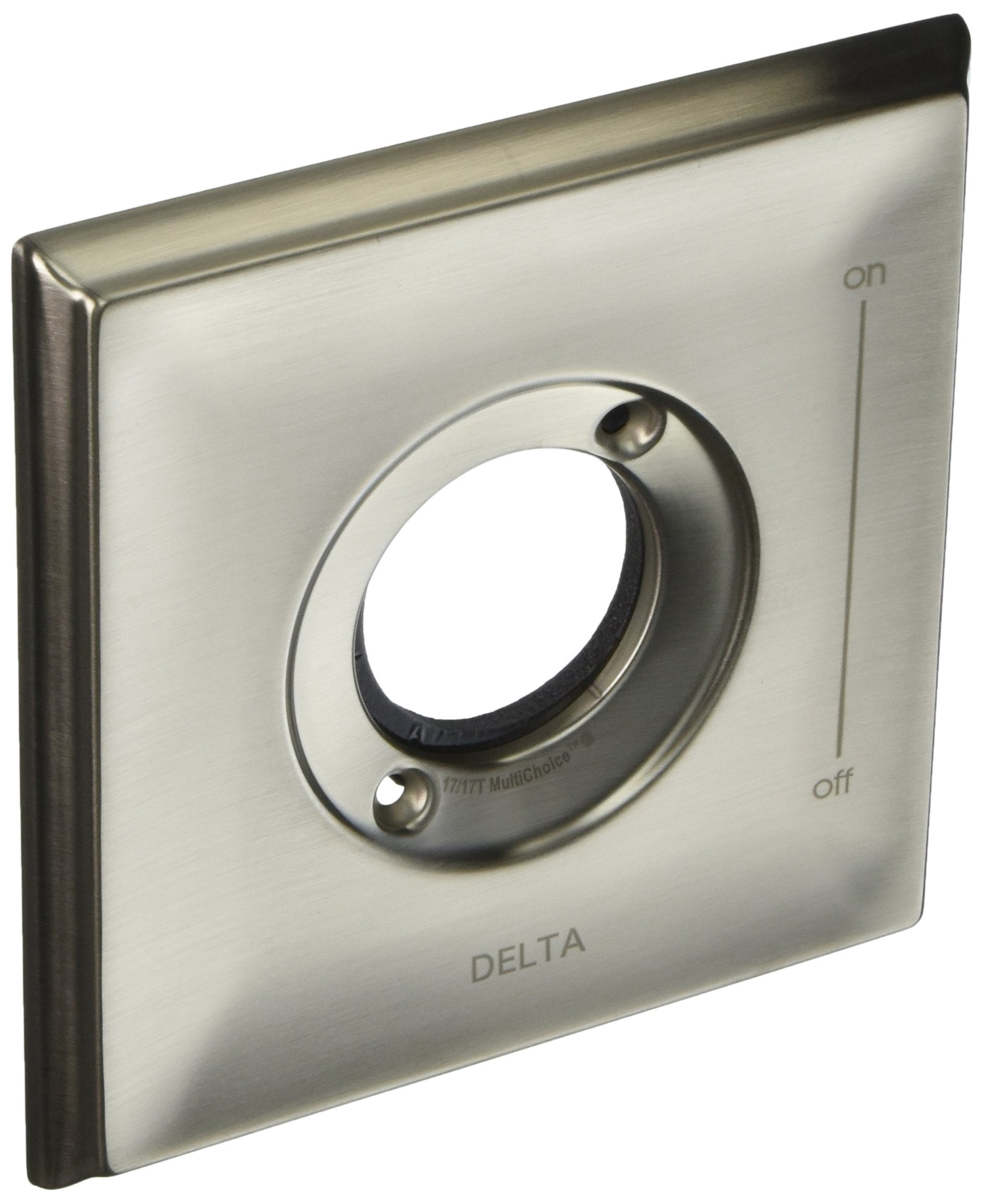 Stainless steel square escutcheon plate with circular opening and "on/off" markings for Delta Dryden 17T series valve.