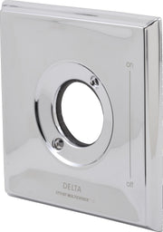 Chrome escutcheon plate with central circular opening and on/off markings for Delta 17T Series valve.