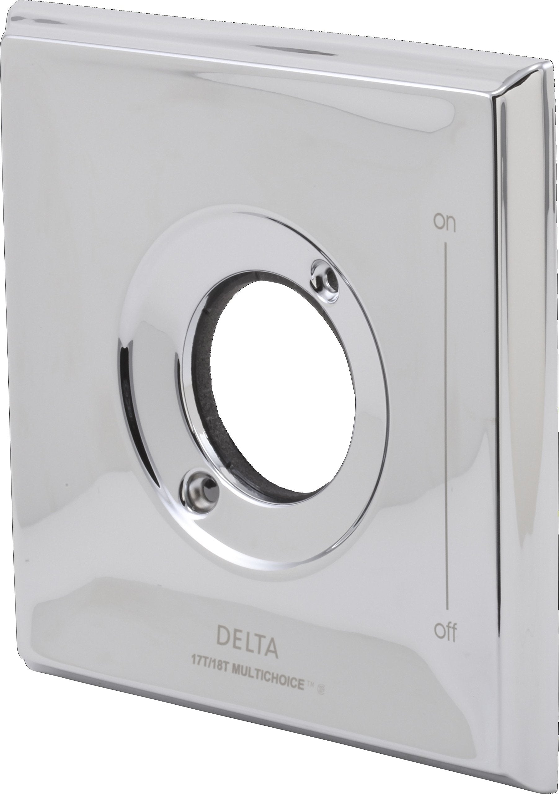 Chrome escutcheon plate with central circular opening and on/off markings for Delta 17T Series valve.