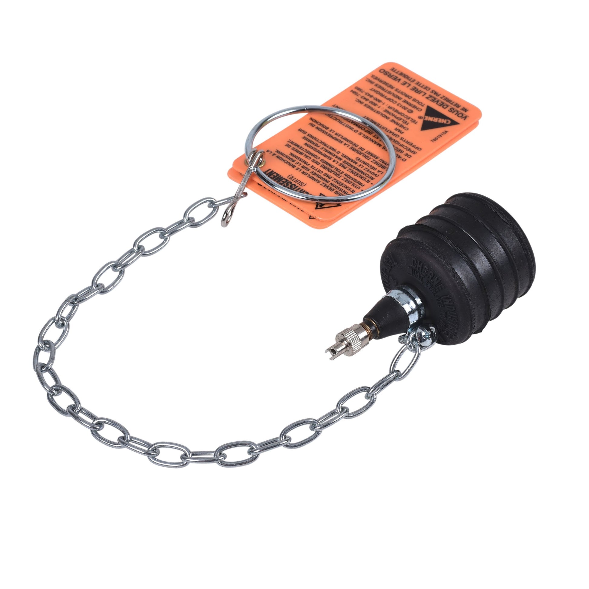 Black inflatable test-ball plug with metal chain, connector valve, and orange instruction tag attached.