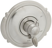 Stainless steel round shower trim with lever handle marked ON and OFF, featuring Delta branding.
