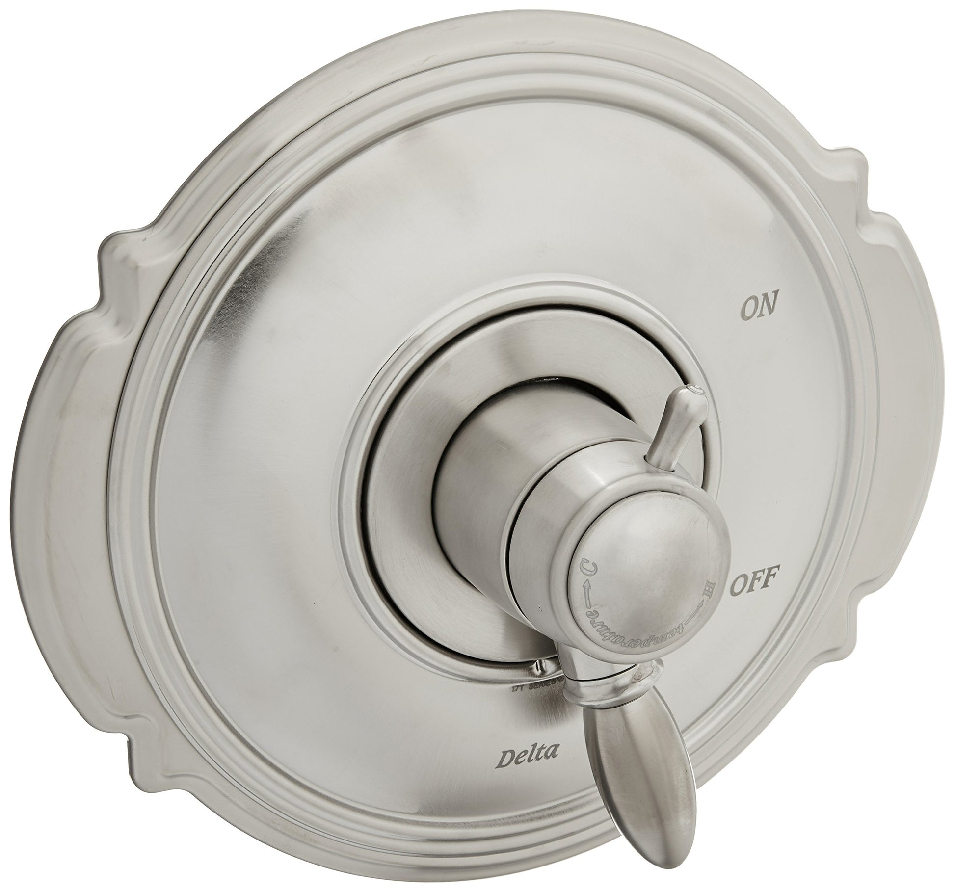 Stainless steel round shower trim with lever handle marked ON and OFF, featuring Delta branding.
