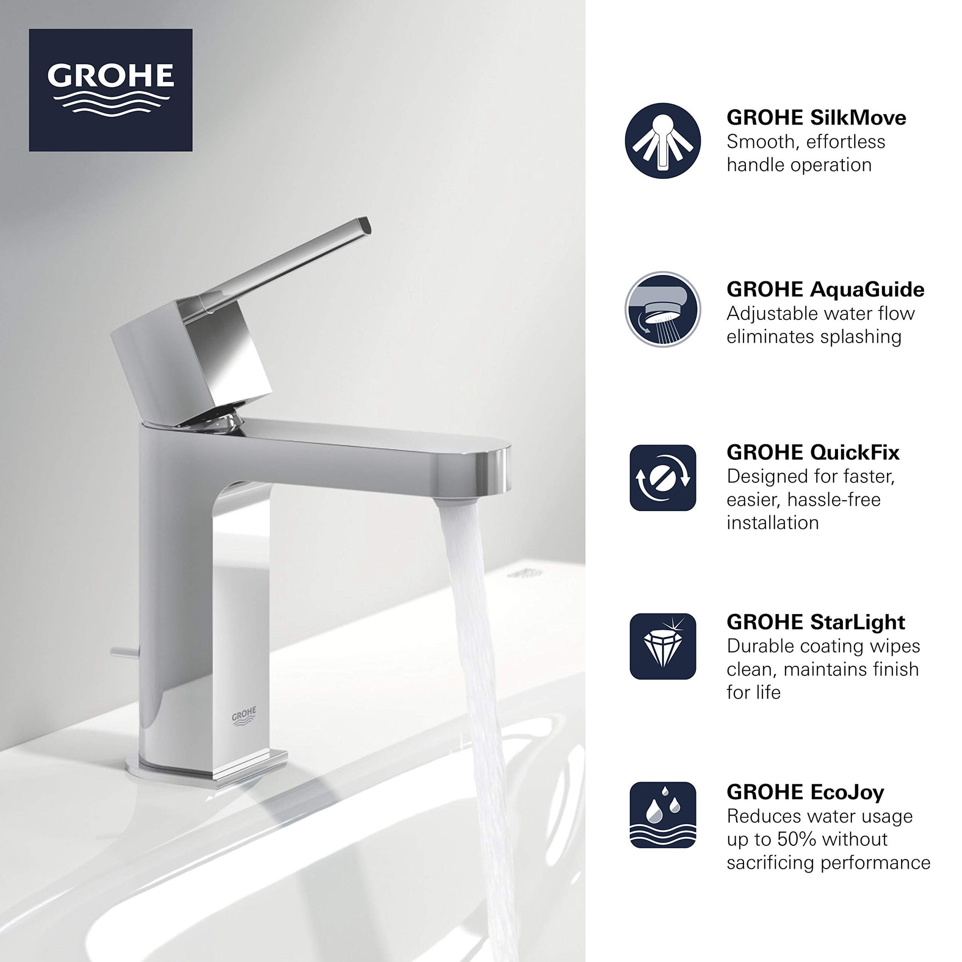Grohe Plus chrome single-handle bathroom faucet with angled spout and water stream visible.