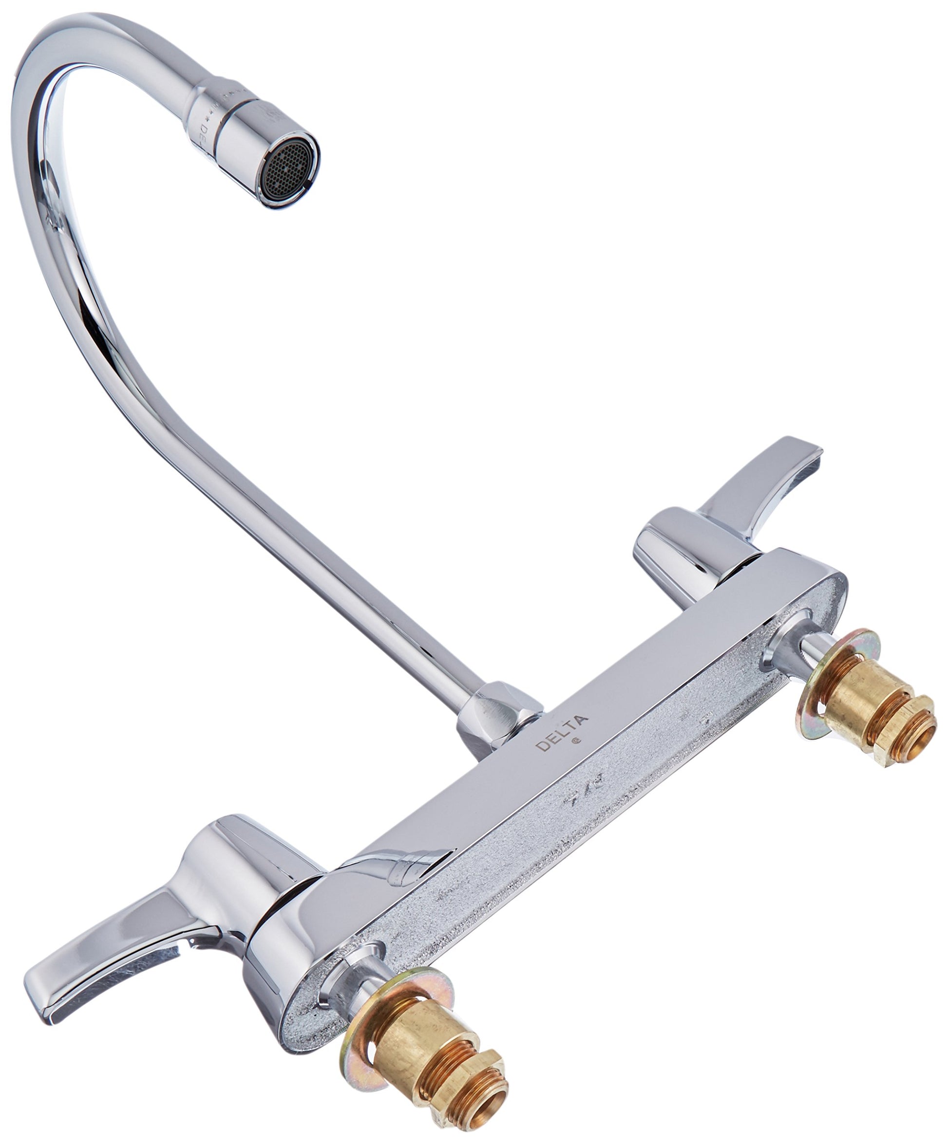 Chrome deck mount faucet with two handles and curved gooseneck spout with aerator.