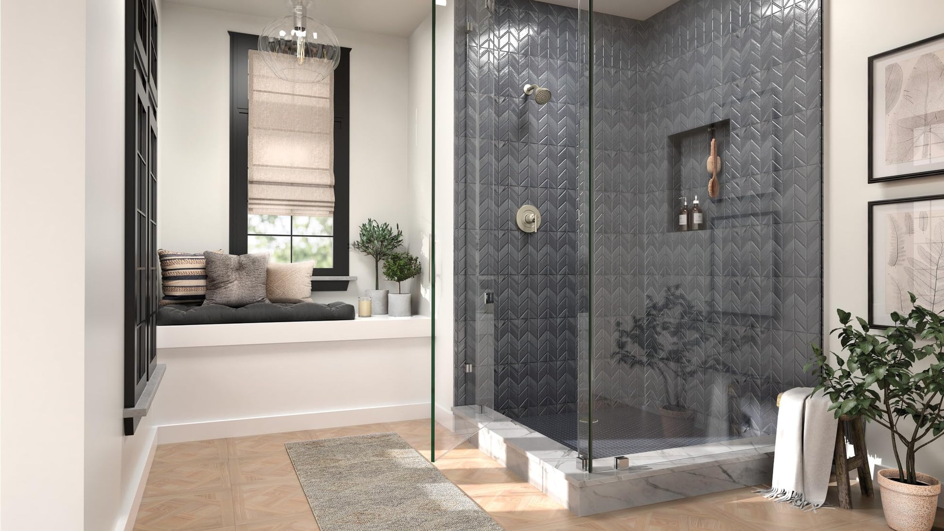 Brushed nickel single-handle shower trim with round escutcheon plate mounted on dark herringbone tile wall.