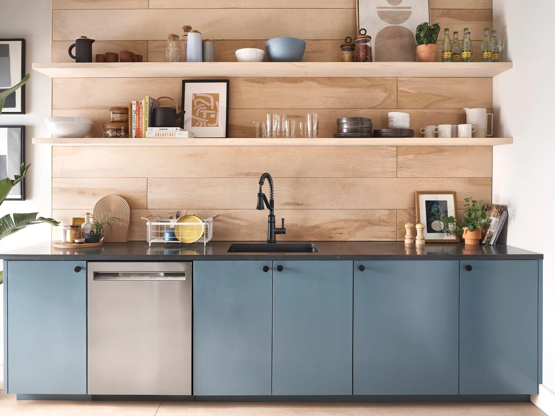 Matte black single-handle kitchen faucet with pull-down sprayer installed over sink in blue cabinet.