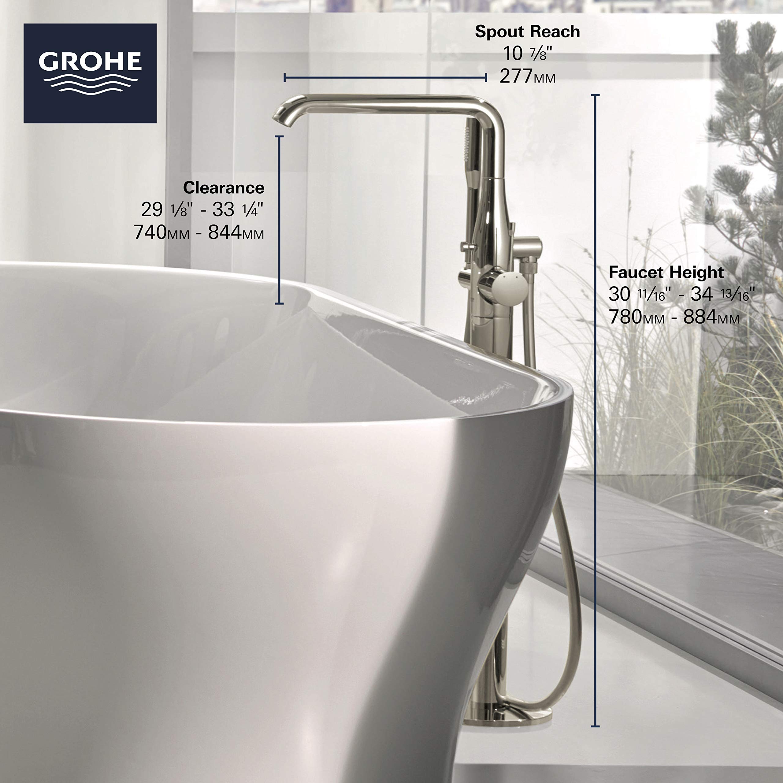 Grohe brushed nickel freestanding tub faucet with curved spout and hand shower attachment, shown with dimension specification