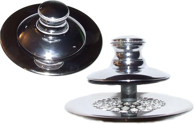 Polished brass push-pull tub stopper with grid strainer, flanged body, and decorative collar ring.