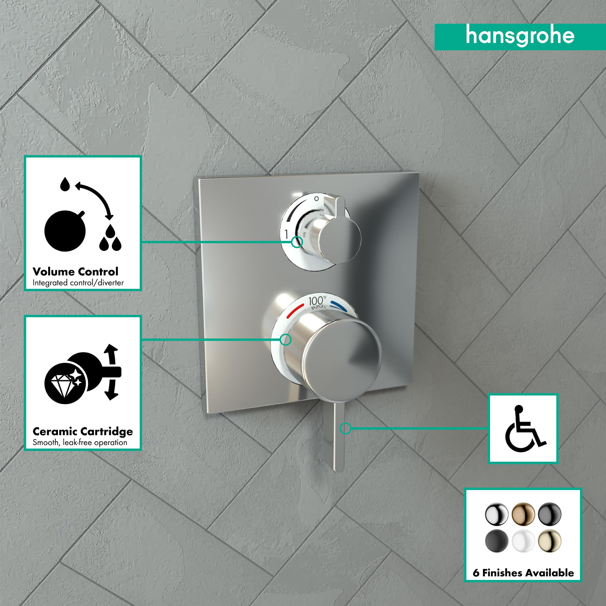 Chrome square thermostatic trim with upper volume control/diverter and lower temperature dial mounted on gray tile.