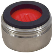 Stainless steel aerator with black rubber rim and red perforated screen insert visible from above.