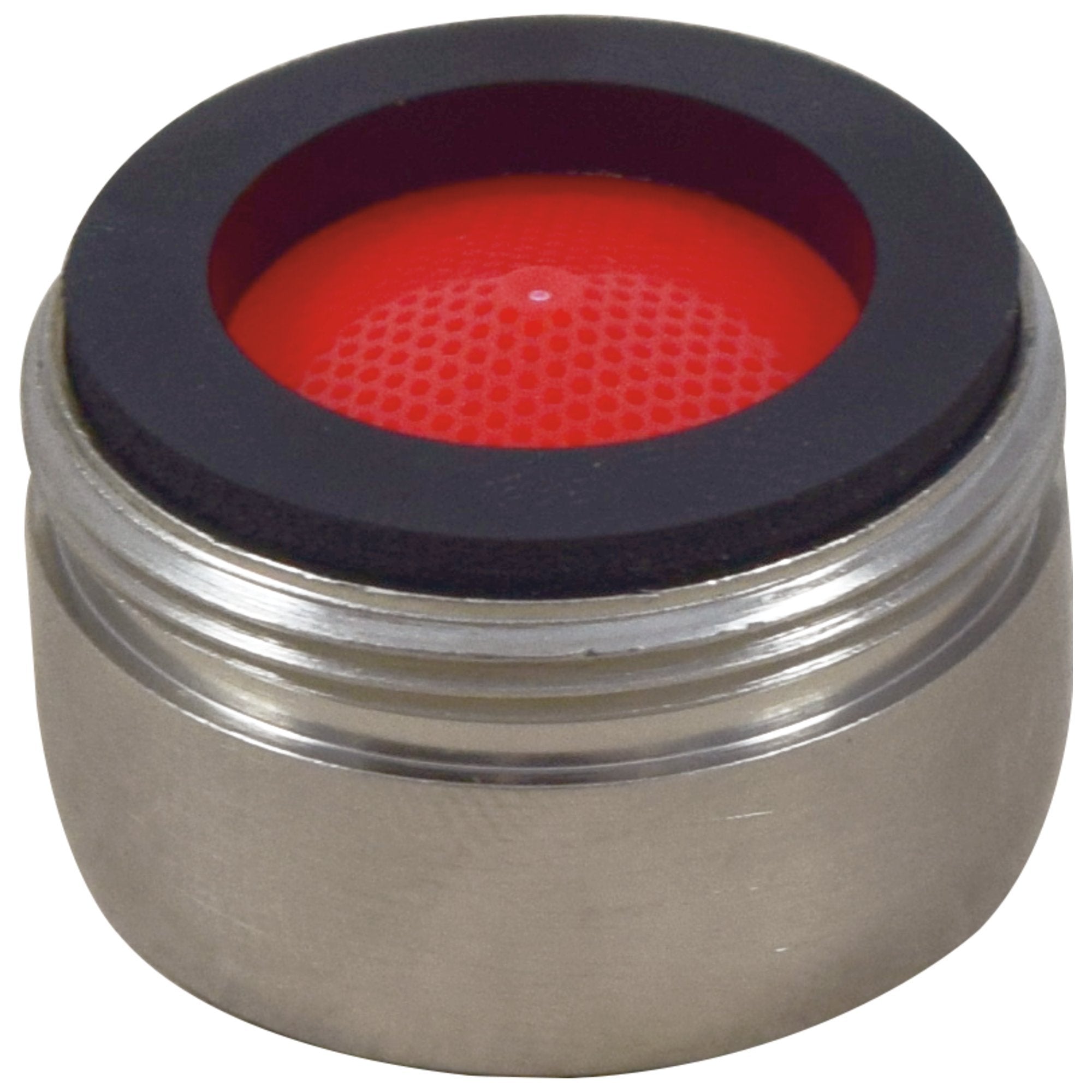 Stainless steel aerator with black rubber rim and red perforated screen insert visible from above.