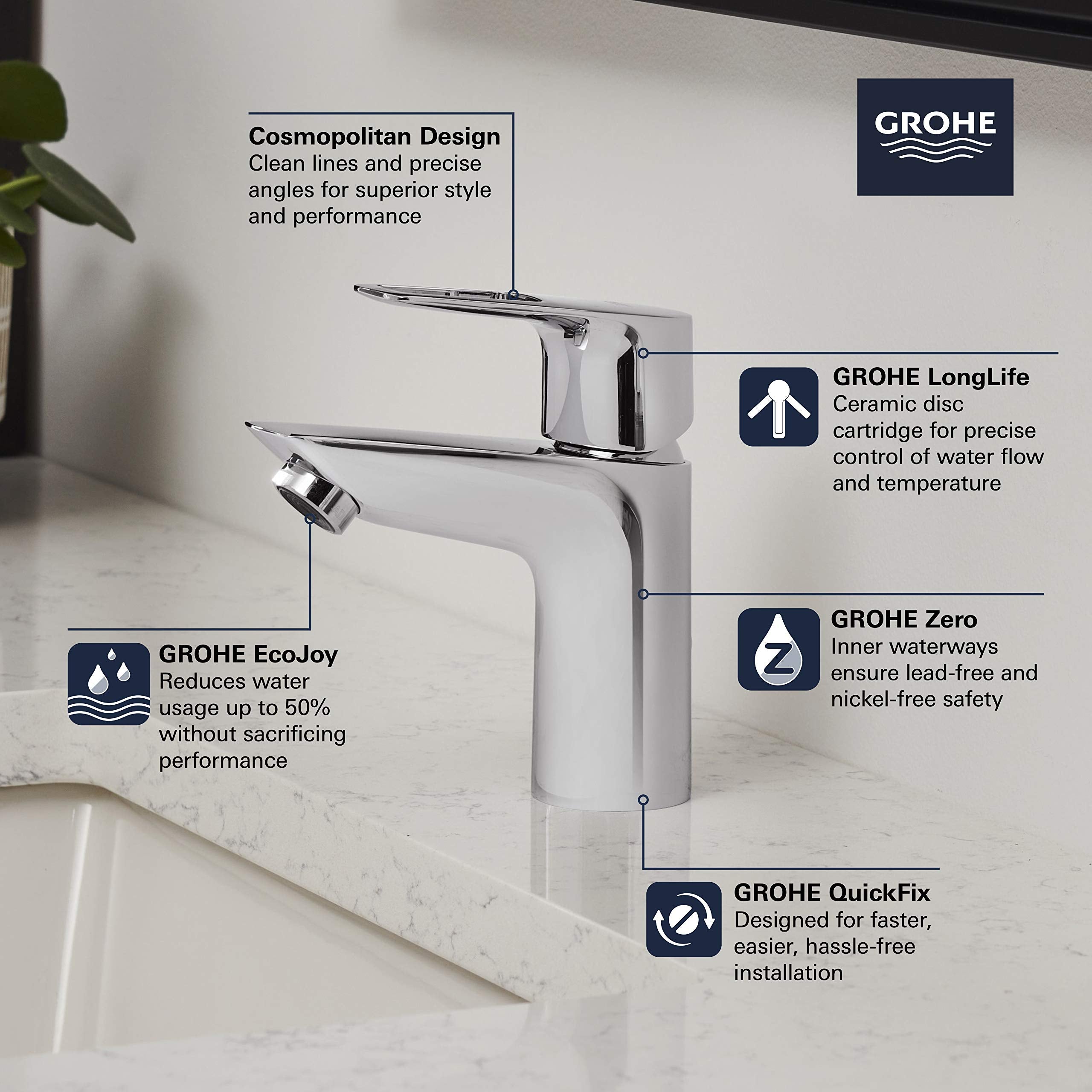 Grohe Bauloop 23085001 Single Hole Single-Handle S-Size Bathroom Faucet 1.2 GPM Less Drain in Grohe Chrome