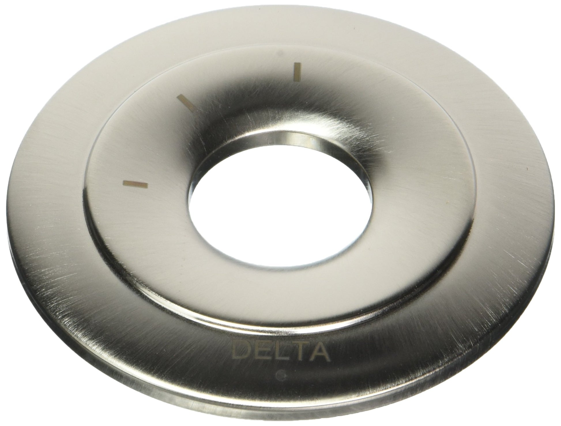 Stainless steel circular escutcheon plate with central opening and three position markers around the rim.