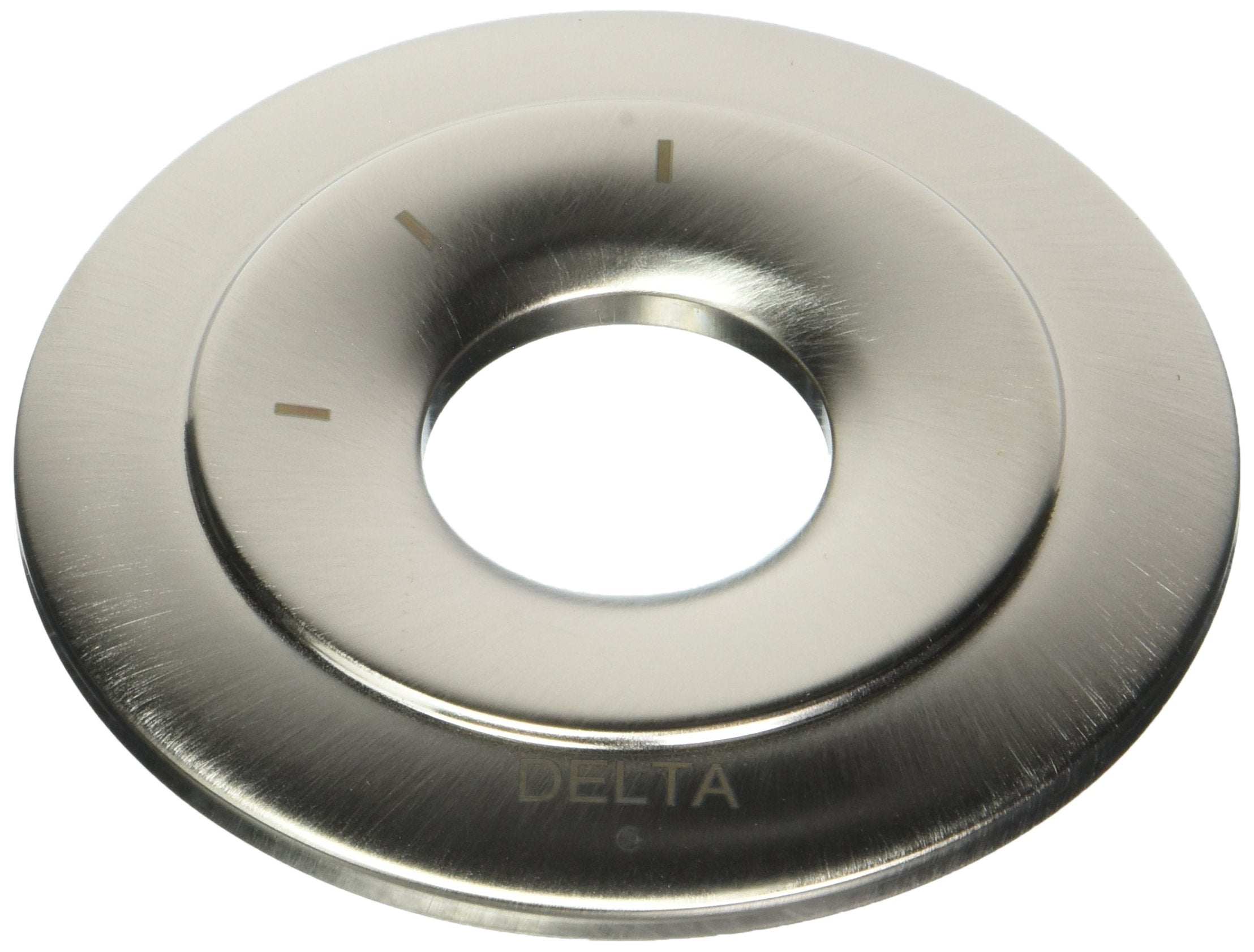 Stainless steel circular escutcheon plate with central opening and three position markers around the rim.