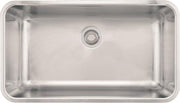 Polished stainless steel rectangular single bowl sink with rounded corners and center drain.