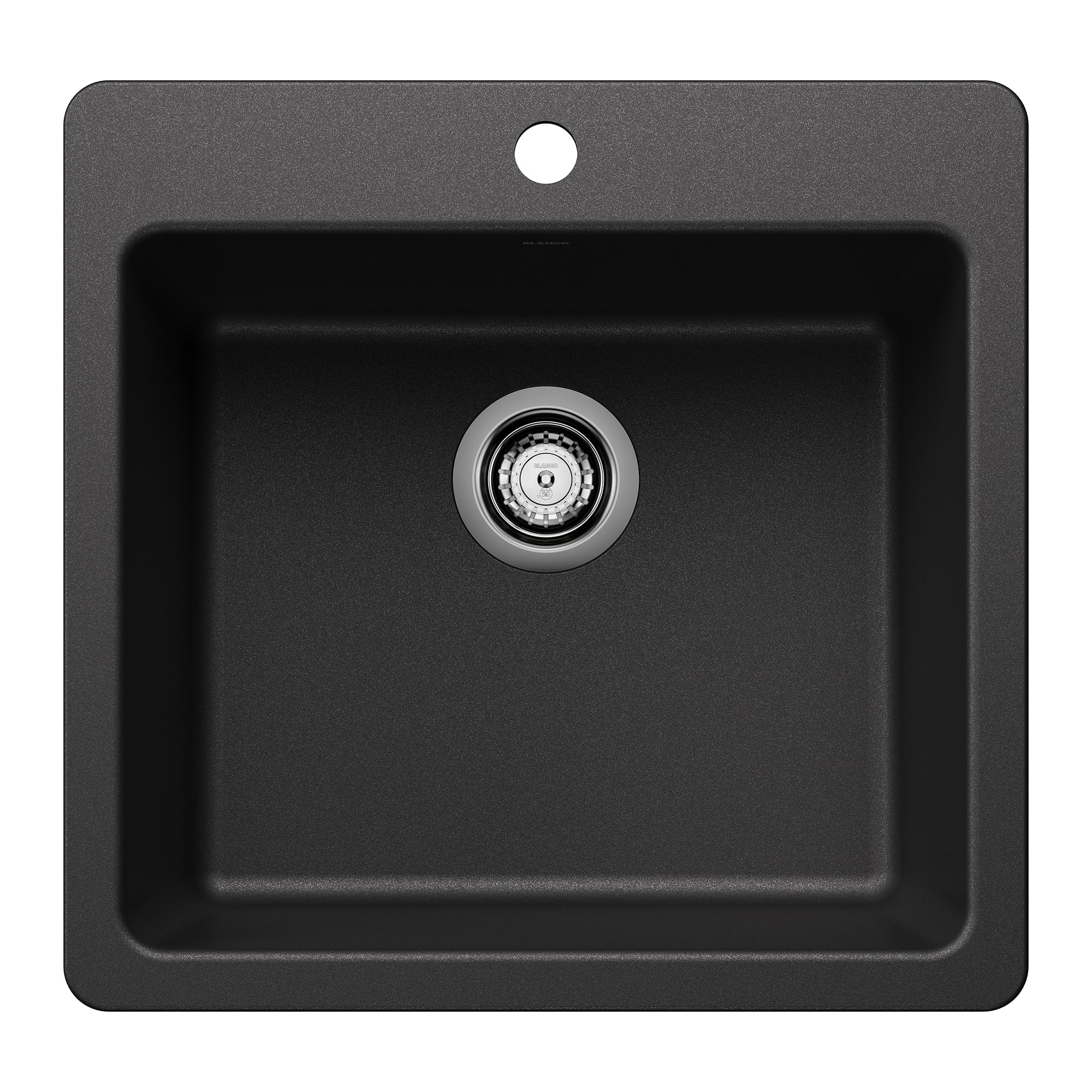 Anthracite single bowl kitchen sink with rounded corners, chrome drain strainer, and pre-drilled faucet hole.
