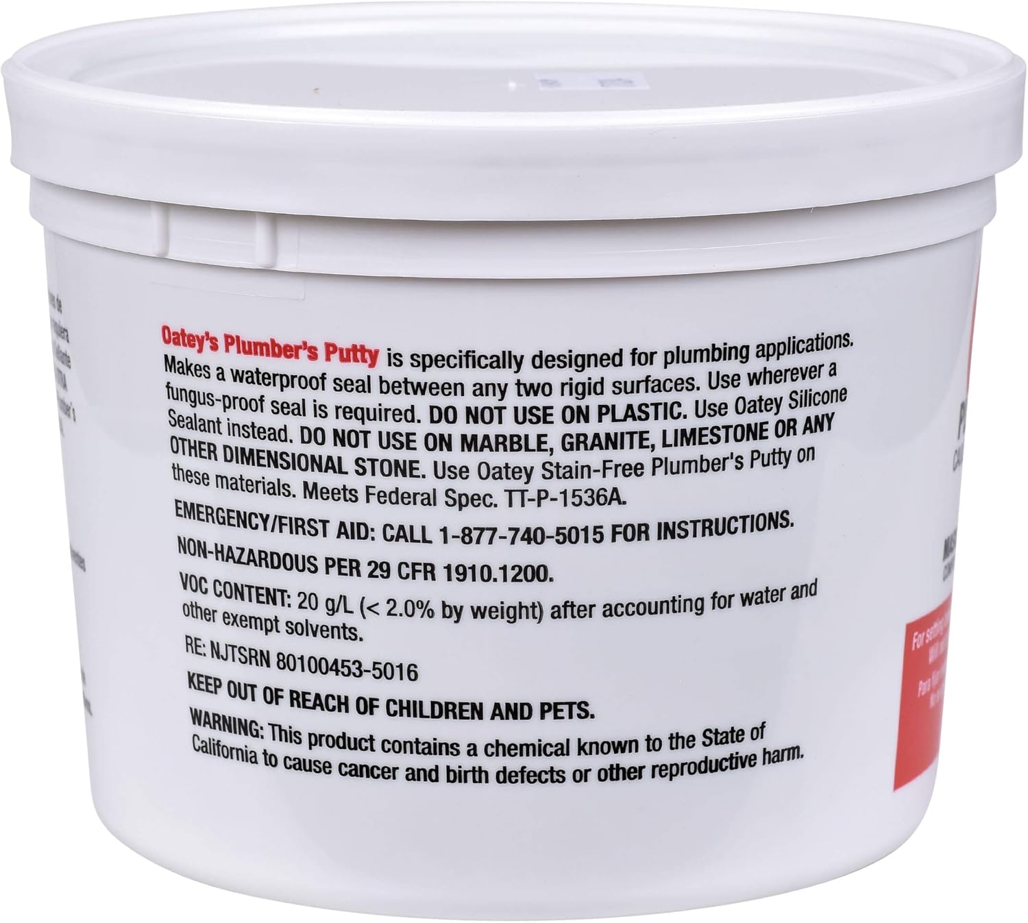 White plastic container of Oatey Plumber's Putty with printed label and white lid.
