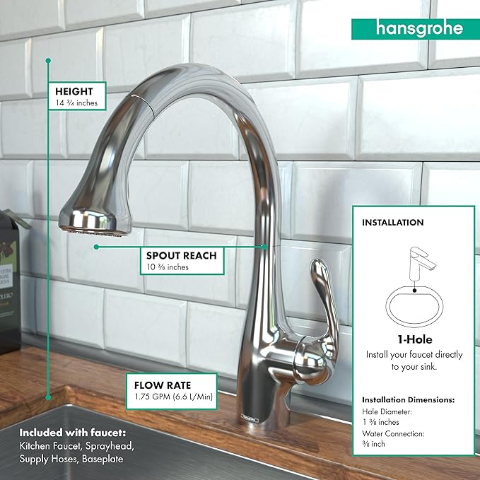 Chrome high-arc kitchen faucet with pull-down sprayer, 14¾ inches tall, 10⅝ inches spout reach, displayed against white subwa